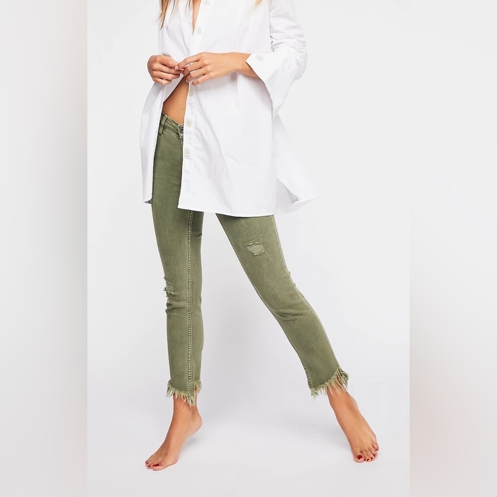 Free People Distressed Green Cropped Jeans with Frayed Hem